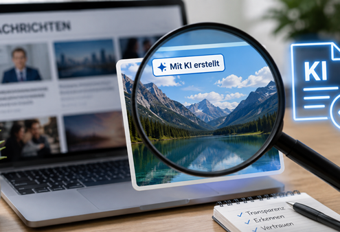 Ein Laptop mit einer Nachrichtenwebseite steht auf einem Schreibtisch. Davor wird ein Landschaftsbild mit einer Lupe vergrößert betrachtet. Im vergrößerten Bereich ist deutlich der Hinweis „Mit KI erstellt“ zu sehen, der auf einen künstlich erzeugten Inhalt aufmerksam macht. Rechts daneben befindet sich ein leuchtendes Symbol mit einem Dokument und der Aufschrift „KI“ als Zeichen für die Kennzeichnung von KI-generierten Inhalten. Im Vordergrund liegen ein Notizblock und ein Stift, im Hintergrund steht eine Zimmerpflanze. Die Darstellung verdeutlicht das Erkennen und Kennzeichnen von mit KI erstellten Inhalten.